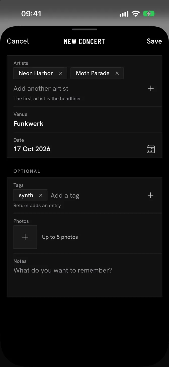 New concert form with two bands, location, date and a tag filled in