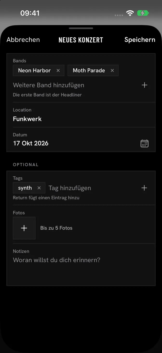 Formular für ein neues Konzert mit zwei Bands, Location, Datum und einem Tag