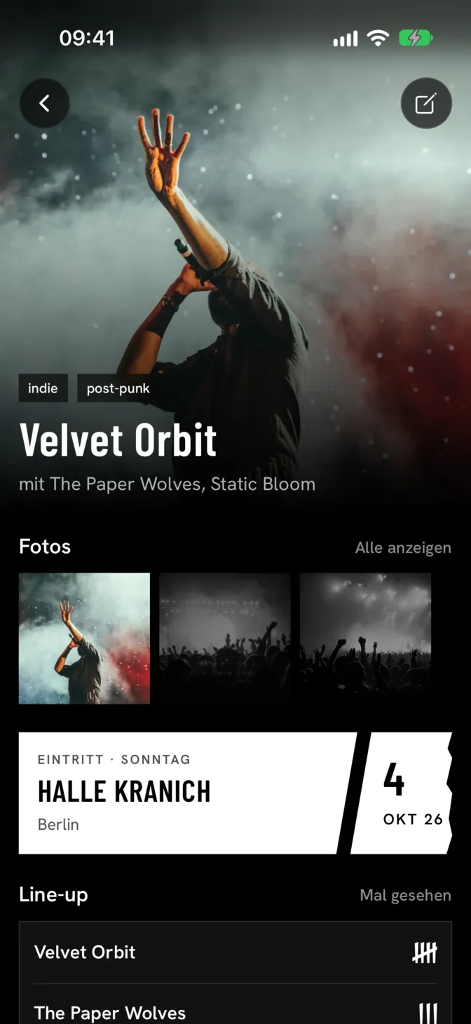 Konzertdetails mit Headliner-Foto, Fotoleiste, Ticket mit Location und Datum und dem Line-up