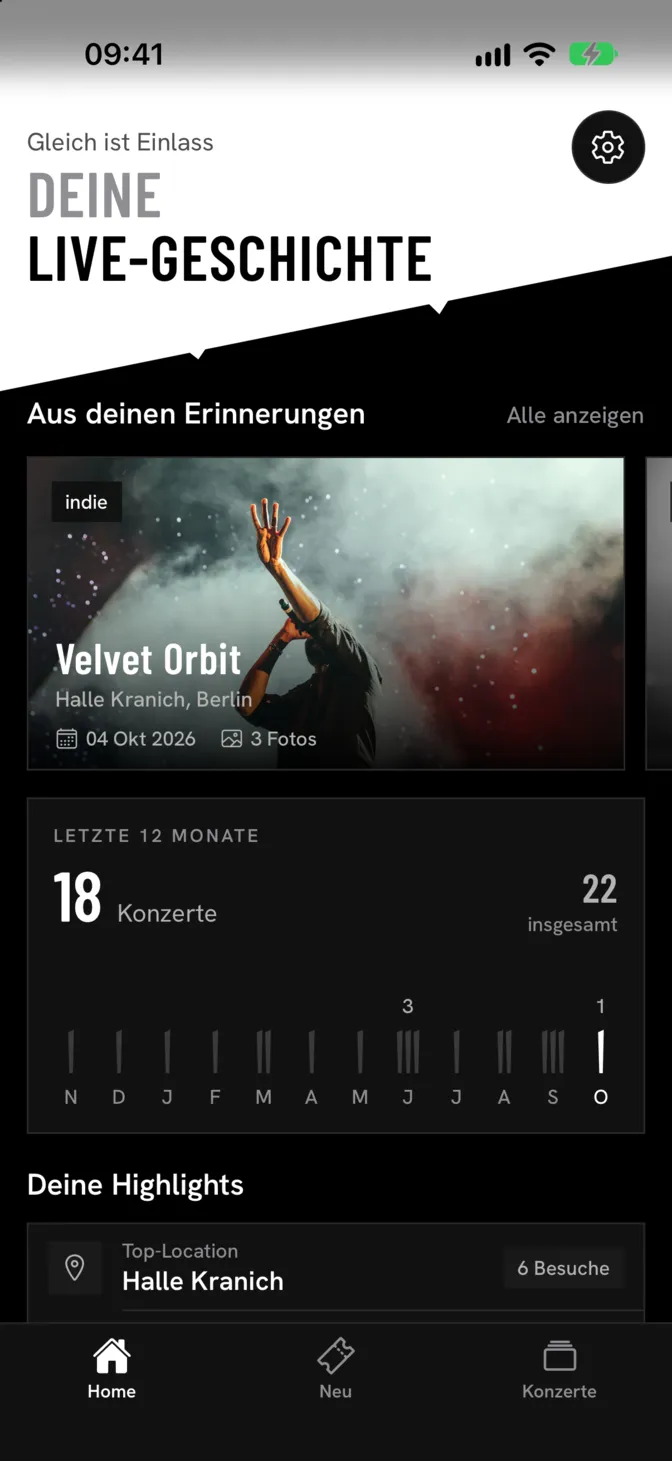 Die sawthem.live-Startseite auf einem iPhone mit deinem letzten Konzert und deinen letzten 12 Monaten