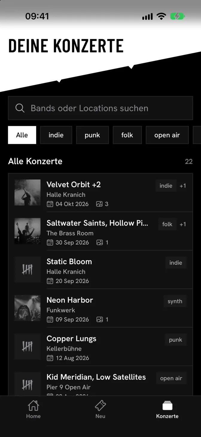Konzertliste mit Suche, Tag-Filtern und jedem Konzert mit Datum, Location und Anzahl der Fotos